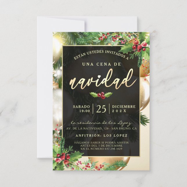 Adornos Dorados Invitación a una Ceña Navideña Einladung (Vorderseite)