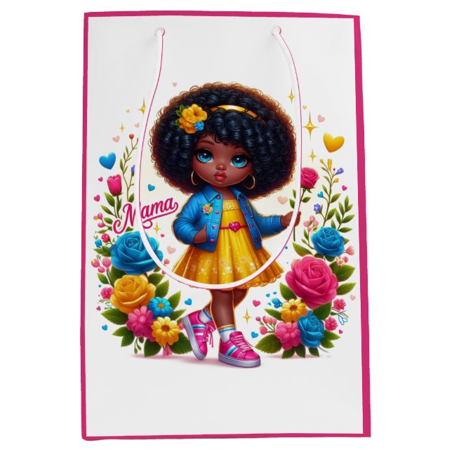 Adortable Afro Girl Yellow/Pink Blume Mama Mittlere Geschenktüte (Vorderseite)