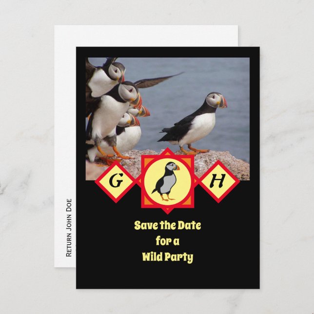 Adortable Atlantic Puffin Cartoon Monogram Foto Einladungspostkarte (Vorne/Hinten)