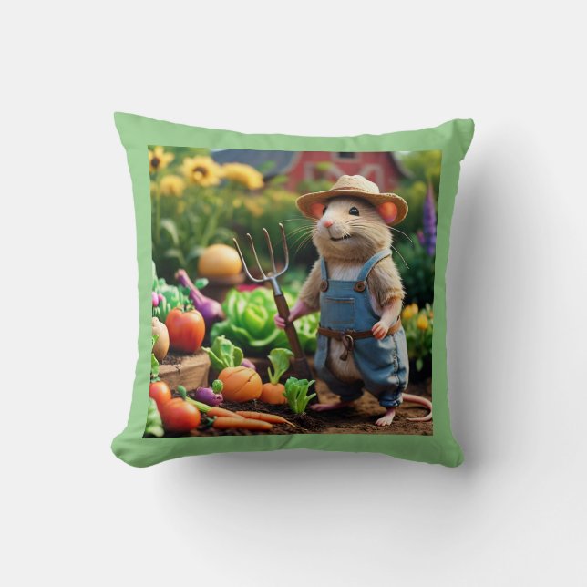 Adortable Bauer Mouse in Garden Throw Kissen (Vorderseite)
