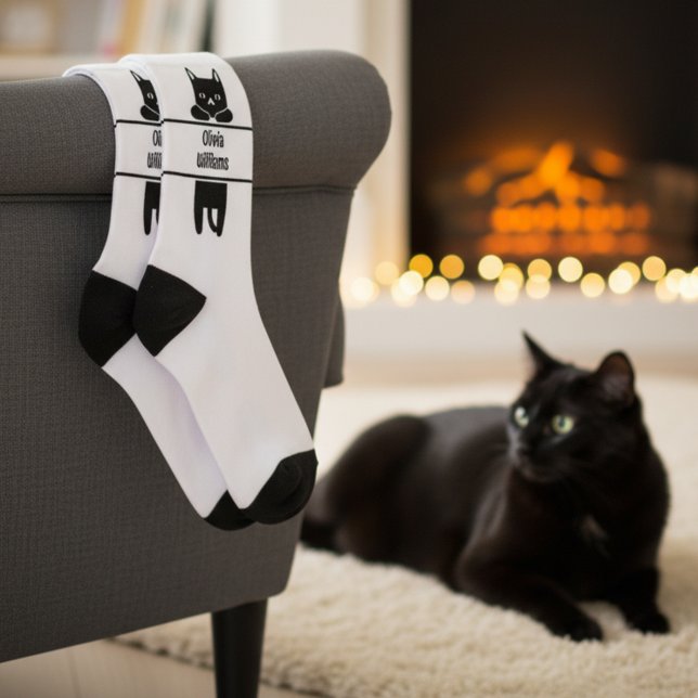 Adortable Black Cat mit Name Crew Socken für sie (🐈‍⬛Cute custom name socks for black cat lovers❤️)