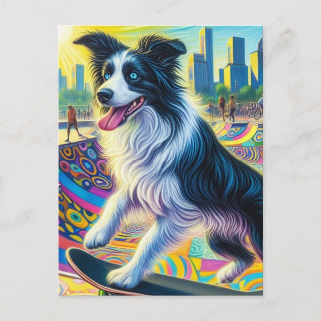 Adortable Border Collie Skateboarding Postkarte (Vorderseite)
