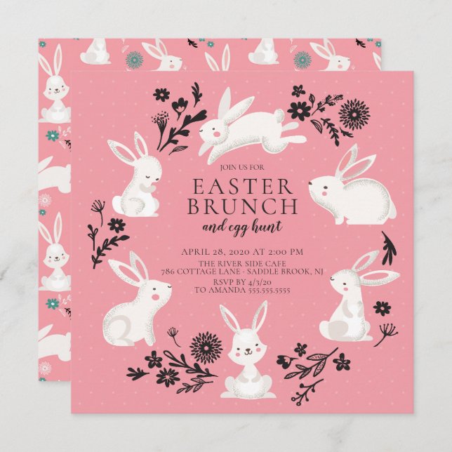 Adortable Bunny Party & Egg Hunt Ostern Brunch Einladung (Vorne/Hinten)