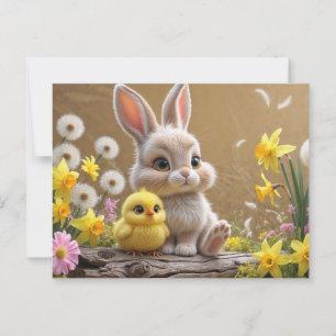 Adortable Bunny und Baby Chick im Frühjahrsgarten Postkarte