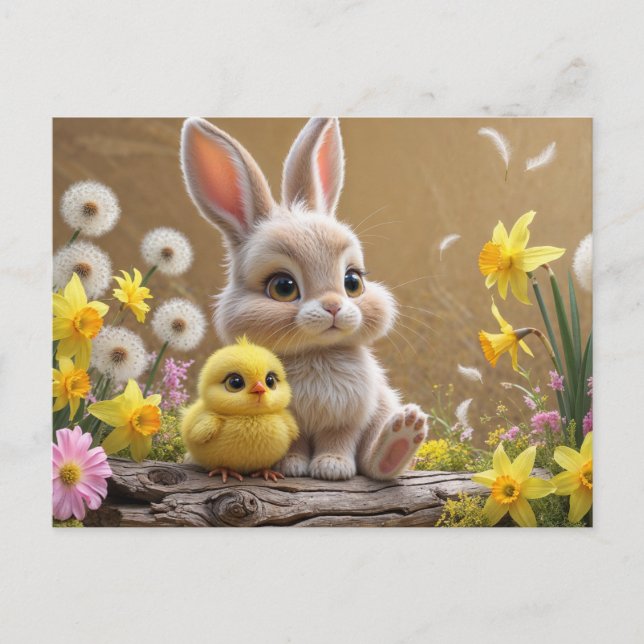 Adortable Bunny und Baby Chick im Frühjahrsgarten Postkarte (Vorderseite)