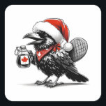Adortable Canadian Christmas Raven Quadratischer Aufkleber<br><div class="desc">Ein niedlicher Rabe in einem kanadischen Weihnachtsthema</div>