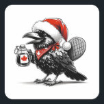 Adortable Canadian Christmas Raven Quadratischer Aufkleber<br><div class="desc">Ein niedlicher Rabe in einem kanadischen Weihnachtsthema</div>