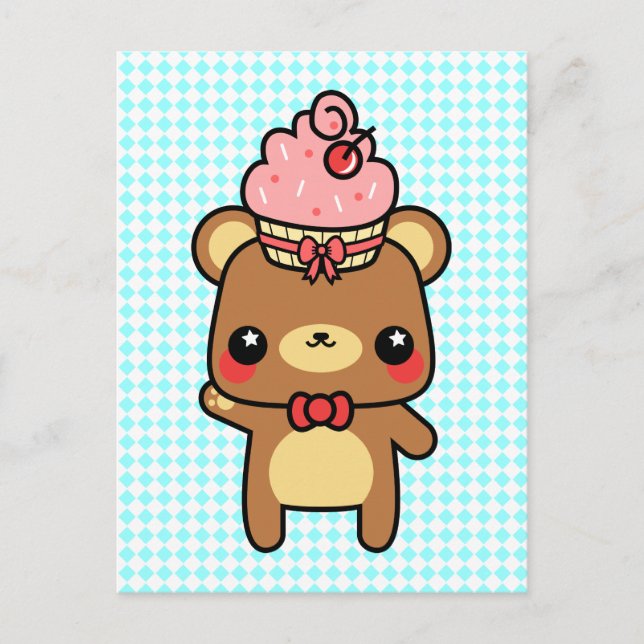 Adortable Cartoon Kawaii Bear Cupcake Postkarte (Vorderseite)