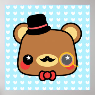 Adortable Cartoon Kawaii Bear Mustache Poster