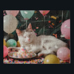 Adortable Cat Geburtstagsfeier Design Puzzle<br><div class="desc">Feiern Sie stilvoll mit diesem bezaubernden Design mit einer Content-Katze, umgeben von farbenfrohen Ballons, Konfetti und einem festlichen Geburtstagskuchen. Die glückliche Katze ruht sich in Ruhe inmitten der Party-Dekoration aus und verleiht jedem Anlass eine Touch von Kultur und Charme. Dieses Design ist perfekt für Katzenliebhaber und Liebhaber von Haustieren geeignet...</div>