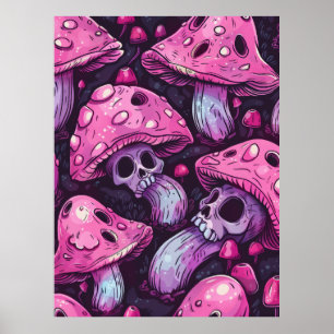 Adortable Creepy Mushrooms Skull Faces Neon Poster