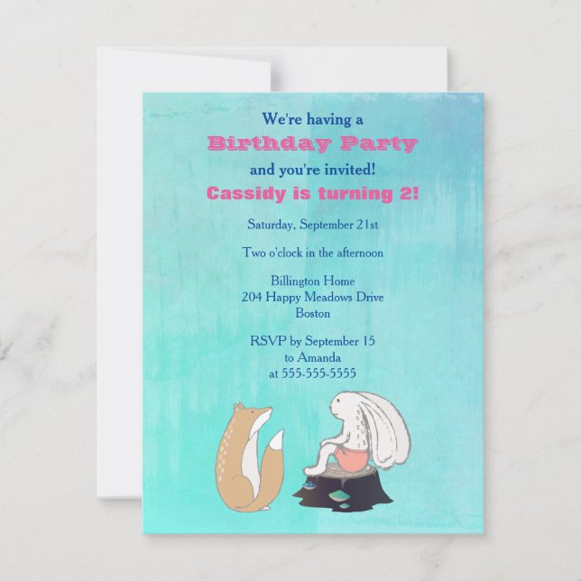 Adortable Fox und Kaninchen Illustrierte Geburtsta Einladung (Vorderseite)