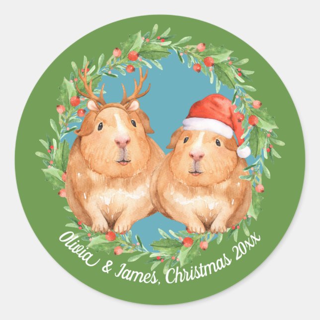 Adortable Guinea Pig Weihnachten Paar Runder Aufkleber (Vorderseite)