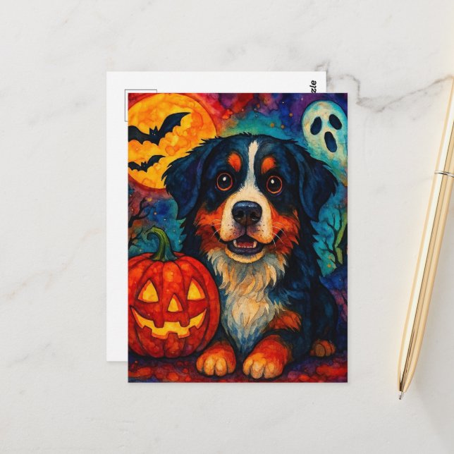 Adortable Halloween Berner Hund Postkarte (Vorderseite/Rückseite Beispiel)