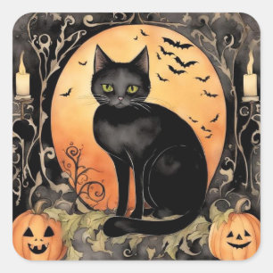 Adortable Halloween Black Cat Wasserfarbe Quadratischer Aufkleber