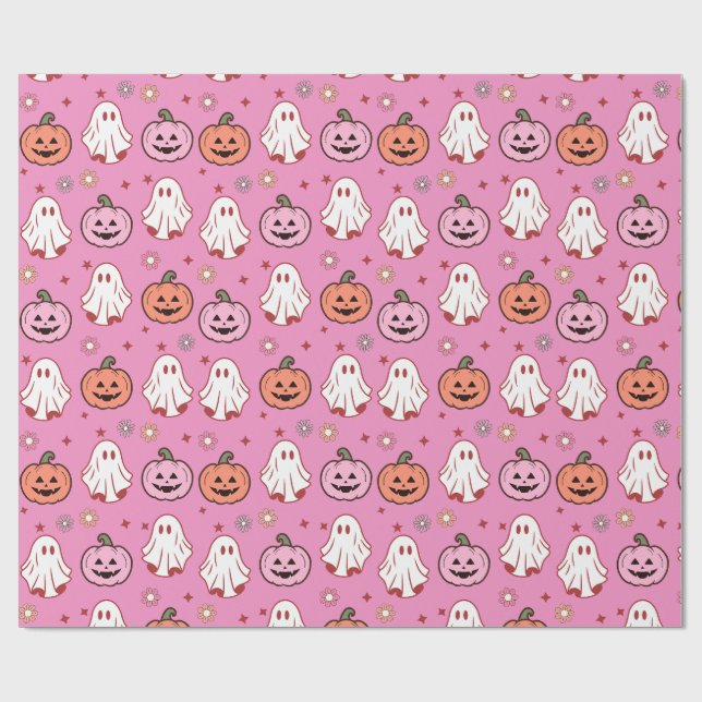 Adortable Halloween Ghosts & Pumpkins Pink Geschenkpapier (Flach)