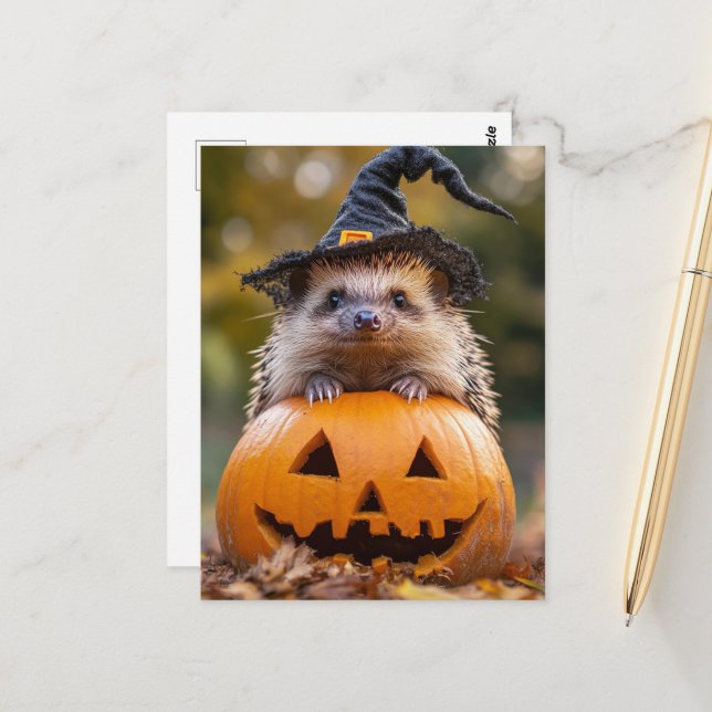 Adortable Halloween-Igel Postkarte (Vorderseite/Rückseite Beispiel)