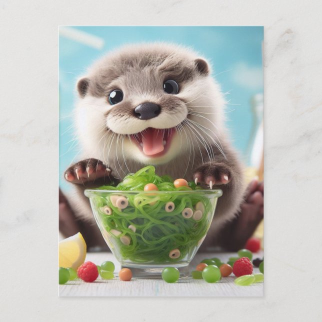 Adortable Happy Otter Salat machen Postkarte (Vorderseite)