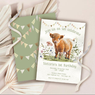 Adortable Highland Cow 1st Birthday Party Einladung
