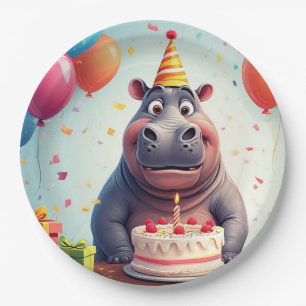 Adortable Hippo feiert Geburtstag mit Kuchen Pappteller