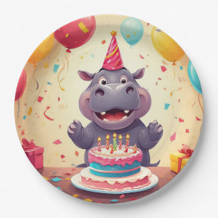 Adortable Hippo feiert Geburtstag mit Kuchen Pappteller