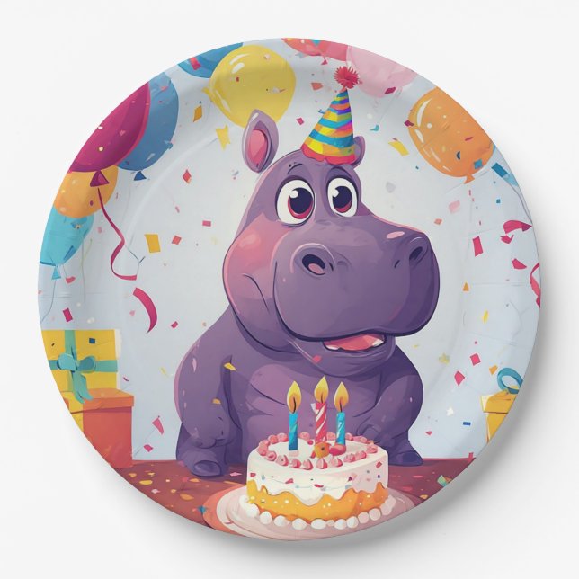 Adortable Hippo feiert Geburtstag mit Kuchen Pappteller (Vorderseite)