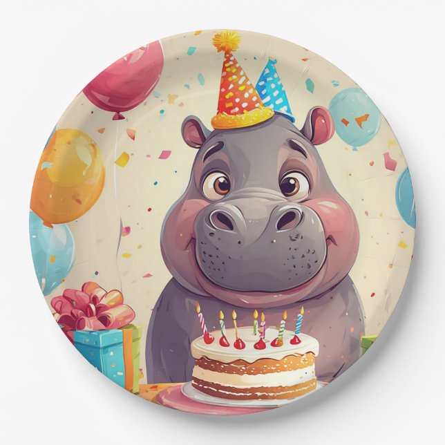 Adortable Hippo feiert Geburtstag mit Kuchen Pappteller (Vorderseite)