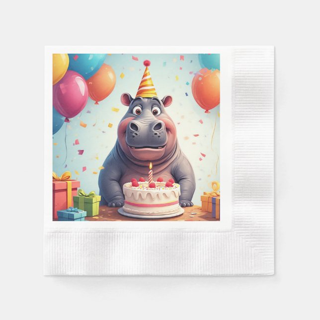 Adortable Hippo feiert Geburtstag mit Kuchen Serviette (Vorderseite)