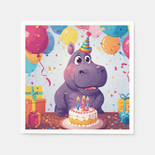 Adortable Hippo feiert Geburtstag mit Kuchen Serviette (Vorderseite)