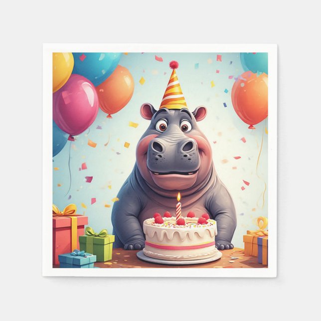 Adortable Hippo feiert Geburtstag mit Kuchen Serviette (Vorderseite)