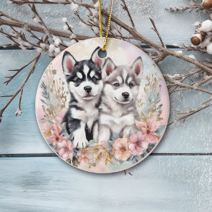 Adortable Husky Welpen Pink Blumen Weihnachten Keramik Ornament