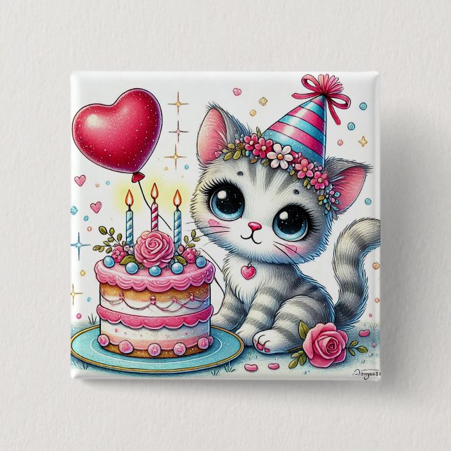 Adortable Katze feiert Geburtstag mit Kuchen Button (Vorderseite)