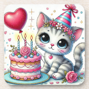 Adortable Katze feiert Geburtstag mit Kuchen Getränkeuntersetzer