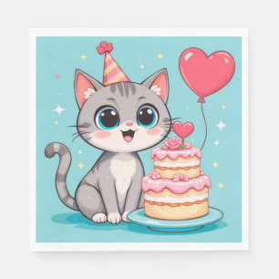 Adortable Katze feiert Geburtstag mit Kuchen Serviette