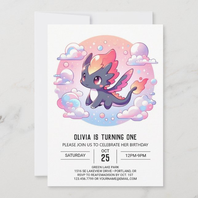 Adortable Märchendrache 1. Geburtstag Einladung (Vorderseite)