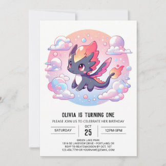 Adortable Märchendrache 1. Geburtstag Einladung