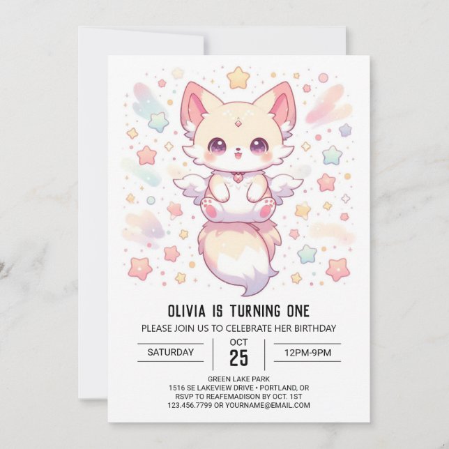 Adortable Modern Fox 1. Geburtstag Einladung (Vorderseite)