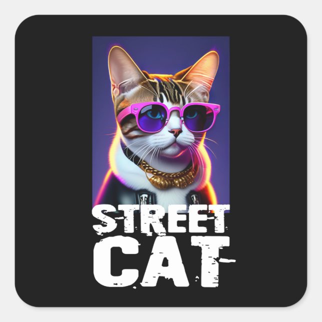 Adortable Niedliche Katze in Lederjacke Quadratischer Aufkleber (Vorderseite)