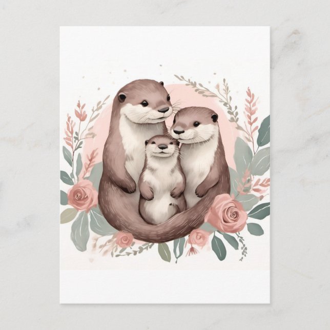 Adortable Otter Family Sage und Dusty Rose Boho Postkarte (Vorderseite)