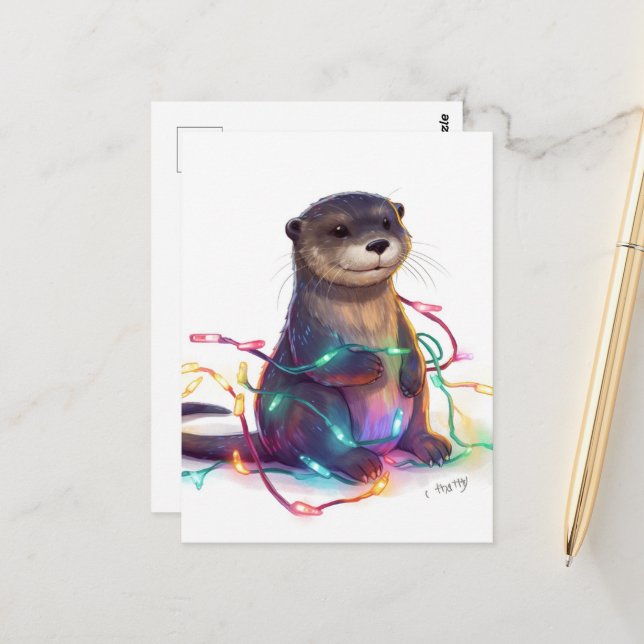 Adortable Otter Weihnachtsbeleuchtung AI Postkarte (Vorderseite/Rückseite Beispiel)