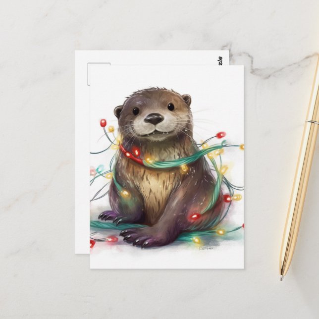 Adortable Otter Weihnachtslicht AI Art Postkarte (Vorderseite/Rückseite Beispiel)
