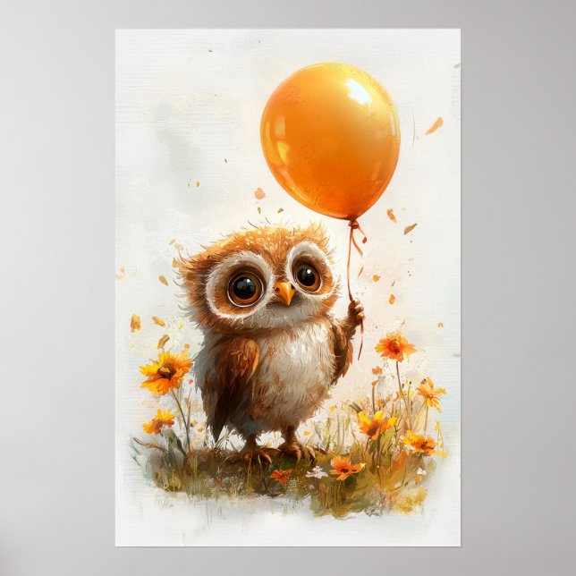 Adortable Owl mit Orange Balloon - Whimsical Autum Poster (Vorne)