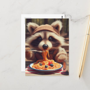 Adortable Raccoon Eats Spaghetti Postkarte