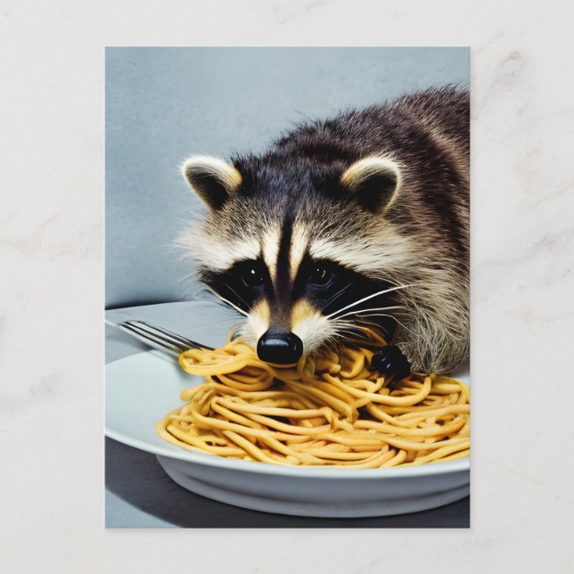 Adortable Raccoon Ess Spaghetti Postkarte (Vorderseite)