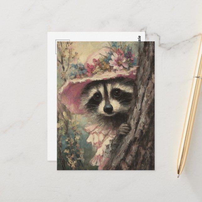 Adortable Raccoon in einem rosa Kleid Postkarte (Vorderseite/Rückseite Beispiel)