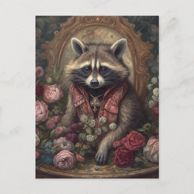 Adortable Raccoon mit Blume Postkarte (Vorderseite)