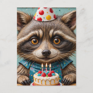 Adortable Raccoon mit einem Geburtstagskuchen Postkarte