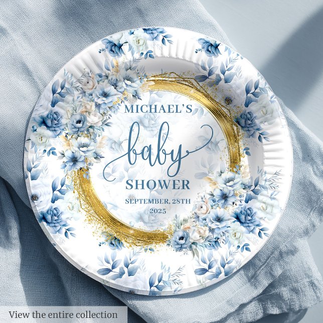 Adortable staubblaue Aquarellfarben Blume Goldbaby Pappteller (Adorable dusty blue watercolor flowers gold baby Paper Plates)