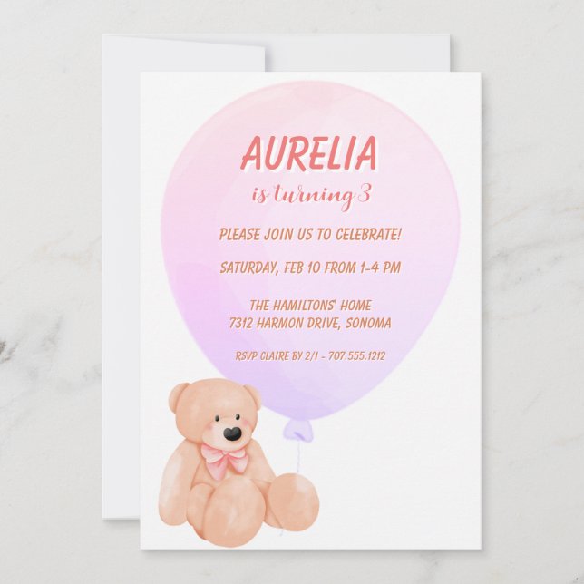 Adortable Teddy Bär & Rosa Ballon Mädchen Geburtst Einladung (Vorderseite)