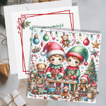 Adortable Weihnachtselfen in ihrem Spielzeugladen Feiertagskarte<br><div class="desc">Personalisierte Weihnachtskarte mit einer Illustration von niedlichen kleinen Elfen,  die Spielzeug in ihrem North Pole Workshop herstellen. Niedliche skurrile Weihnachtskunst.</div>